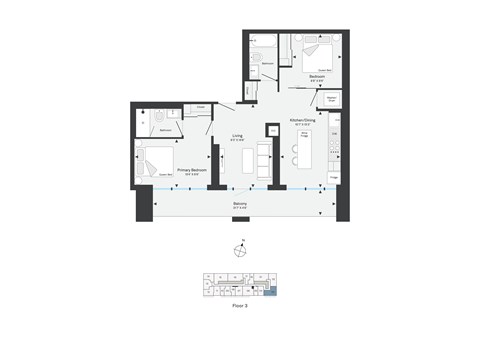 Floor plan for 2 beds, 2 baths, 810 sqft